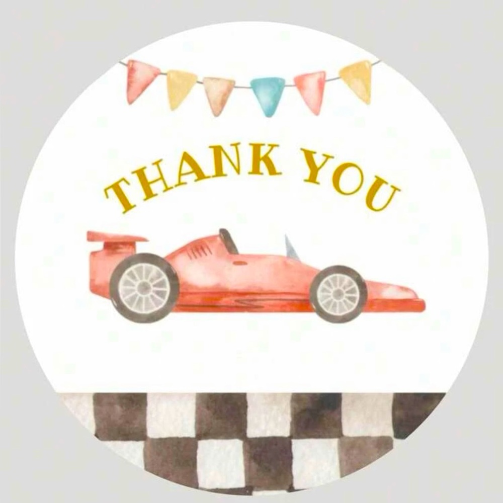 100 PCS RACE CAR THANK YOU STICKER 🏎️ BABY SHOWERS KIDS BIRTHDAY ETC